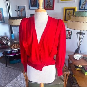 Vintage 1940s Style Sweater l Cardigan | Red | Puff Sleeve | M L | 80s l 40s